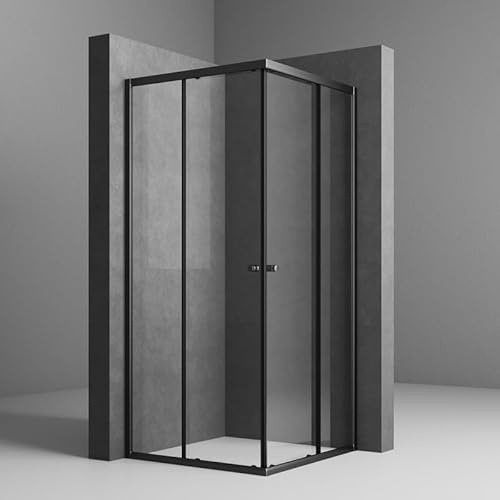 Duschkabine 75x90cm Schiebetür, Schwarz Duschkabine Eckeinstieg mit Schiebetürn 6mm ESG Sicherheitsglas Duschschiebetür Duschabtrennung Duschwand Höhe 185cm