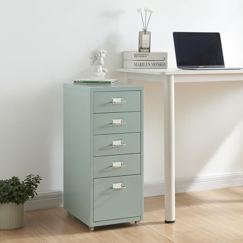 [en.casa] Rollcontainer Kökar Schubladenschrank Metall Aktenschrank mit 5 Schubladen Bürowagen mit Rollen für Arbeitszimmer 69 x 28 x 41 cm Mintgrün