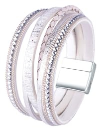 Viwind Lederarmband Damen Boho Multilayer Leder Wrap Armbänder 19 cm Korn Perlen Wickelarmband Geflochtenes Lederarmband Magnetverschluss (Weiß)