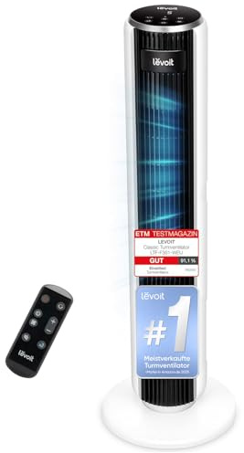 Levoit-Turmventilator mit Fortschrittlichem Schlafmodus-Ventilator leise 12Std Timer 4 Modi 5 Geschwindigkeiten-Automatikbetrieb mit Sensor-Oszillation Tower Fan mit Fernbedienung Weiß 92CM