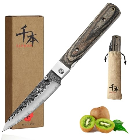 SENBON Geschmiedetes 440A Klapp‑Petty‑Messer, tragbares Küchen‑Obstmesser | Bunter Holzgriff, ultra‑scharfes Allzweckmesser für Camping, Reisen, Outdoor und Haushalt