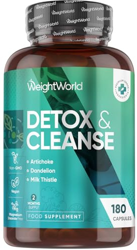 Detox Kur mit Artischocke, Mariendistel, Löwenzahn - 180 vegane Kapseln - 10 Mrd. KBE Kulturen Komplex - Mit Flohsamenschalen, Leinsamen, Aloe Vera - Frei von Magnesiumstearat & Gluten - WeightWorld