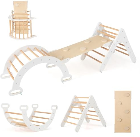 FANTASK 4 in 1 Klettergerüst mit rutsche, Kletterdreieck Holz inkl. doppelseitige Rampe & Kletterboge & Wippen, Sprossendreieck Spielplatz für Kinder ab 1 Jahr, Weiß
