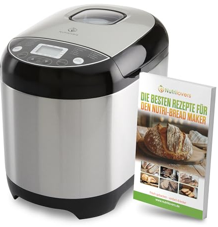 Nutrilovers NUTRI-BREAD-MAKER Edelstahl Brotbackautomat mit 19 Programmen, 3 Bräunungsstufen, Timer, 3 Brotgrößen (500g, 750g, 1000g) inkl. Rezeptbuch