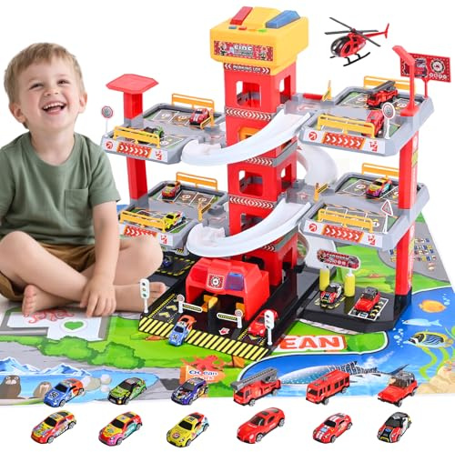 5 Stockwerke Parkgarage für Kinder, Spielzeug Parkhaus mit 12 Autos und 1 Hubschrauber, Feuerwehrauto Spielzeug mit Aufzug, Licht & Sound,Geschenke für Kinder 3 4 5 6 7 8 9 Jahren