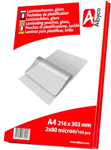 Albyco Laminierfolien, Laminiertaschen - Format A4, 216x303 mm - Dicke 2x80 (160) Mikron - Glänzend - 100 Stück - Transparent
