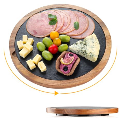 HALE OTEIR 360° Drehbare Akazienholz Servierplatte mit Schieferplatte | Rustikale Käseplatte, Steakbrett, Grillplatte & Sushi-Brett | Ideal für Fleisch, Käse, Tapas & Grillabende