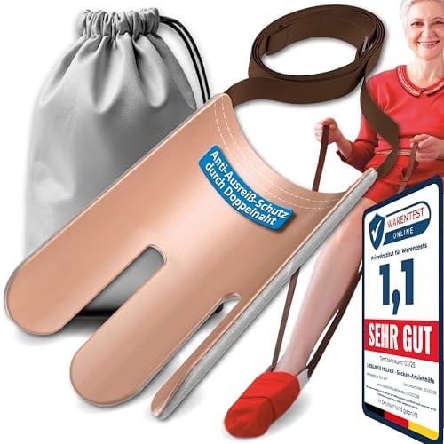Premium Sockenanziehhilfe mit extra langen Bändern – 2-in-1 Strumpfanziehhilfe inkl. Aufbewahrungsbeutel – reißfest & rutschfest – ideal für Senioren, Schwangere, Reha und nach Hüft- & Knie-OPs