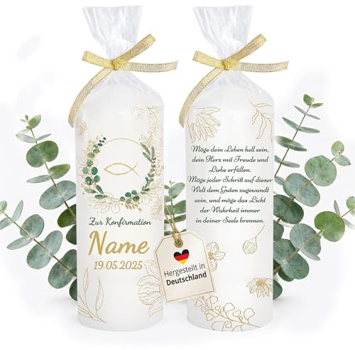 Kerze Konfirmation individuell mit Namen als Tischdeko. Tischdekoration Konfirmation als Geschenk personalisierbar. Liebevolle Kerze Eukalyptus Fisch Kranz Brenndauer: 35 Stunden, Ø6 x Höhe 16,5 cm