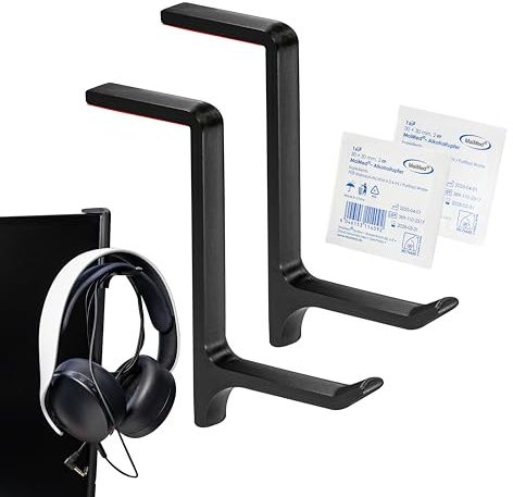STEKIS Headset Halterung Monitor – 2er Set Kopfhörer Haken Large | Für breite Office-Kopfhörer bis 45 mm Bügelbreite, passend für Bildschirm-Rahmen ab 10 mm, inkl. Reinigungstuch