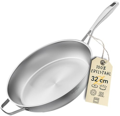 SILBERTHAL Edelstahl Pfanne Unbeschichtet 32 cm - Induktion - Profi Bratpfanne - Röstaromen - Ofenfest