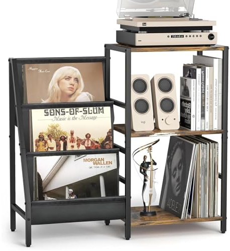 VINCOURNA Schallplattenständer, Vinyl Halter Mit 3-Tier Vinyl Schallplatten Aufbewahrung, Plattenspieler Tisch Bis Zu 200 Alben, Plattenspieler Regal Cd Halter Für Plattenspieler Mit Lautsprecher