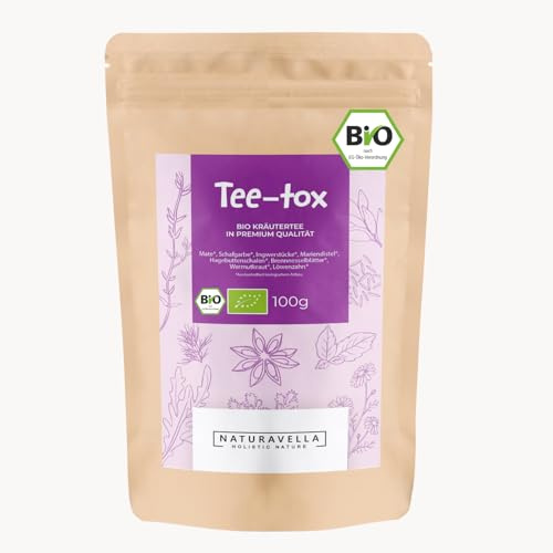 NATURAVELLA Tee-tox Bio Bitterkräutertee | 100g | Mate, Mariendistel, Schafgarbe, Ingwer & Löwenzahn | Unterstützt Leber, Verdauung & Stoffwechsel | Kräutertee lose – vegan, ohne Zusätze