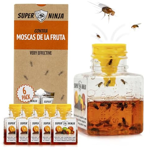 Super Ninja Fruchtfliegenfalle für Innenbereich – 6er-Pack, Wirksame Obstfliegenfalle für Haushalt und Küche, bis zu 3 Wochen Leistung pro Flasche, Kinder-und haustierfreundlich