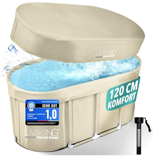 LIVIKING® Eisbad + Faltbare Badewanne Erwachsene [120 cm - 2in1 KOMFORT KOMPLETTSET] Eisbaden Tonne, Mobile Badewanne Outdoor & Eistonne – Jetzt Eintauchen! (Klassisch, Sand Beige)