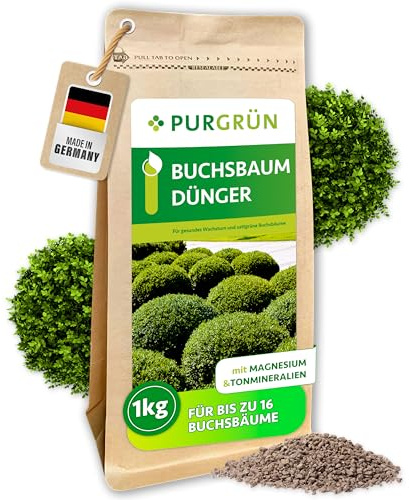 Purgrün® Buchsbaum-Dünger 1 kg – Organisch-mineralische Rezeptur – Feinkörniges Krümelgranulat – NPK 8+4+5 – Extra Magnesium für leuchtend grüne Blätter – Verbessert die Bodenqualität