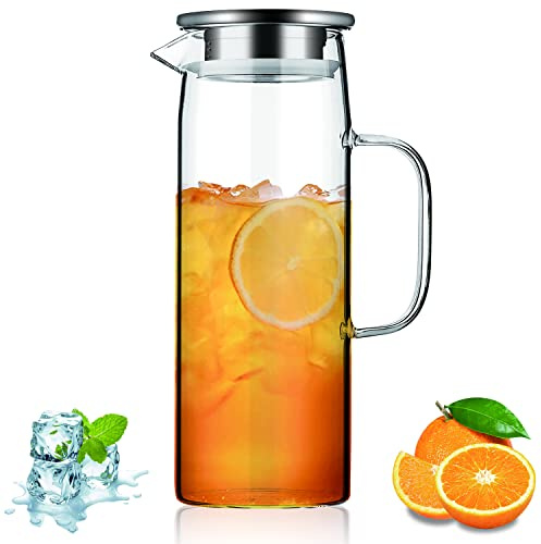 Kyraton Wasserkaraffe 1.5L mit abnehmbarem Deckel, Heiß und Kaltgetränke Klarglas Wasserkrug Karaffe, Glaskaraffe für Tee Cafe Limonade Milchsaft und mehr