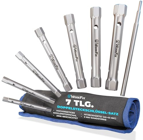 S&R WerkFix Rohrsteckschlüssel set 7-tlg. mit Drehstange : 6/7, 8/9, 10/11, 12/13, 14/15, 16/17, 18/19 mm aus CrV-Stahl, Doppelsteckschlüssel set mit Rolltasche