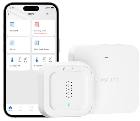 Meross Smart Wassermelder mit Hub MSH400 | Wasserlecksensor WLAN 0,3 mm Erkennung | bis 100dB Sensor & APP & Hub-Alarm | Smart Wasseralarm Melder für Küche, Badezimmer, Keller | Batterie für 3 Jahre