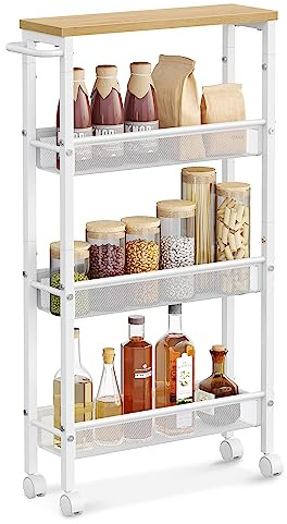VASAGLE Rollwagen 4 Ebenen, Küchenwagen schmal, Nischenregal auf Rollen, Stahl, Griff, für kleine Räume, 13 x 45,4 x 77 cm, Küche, Bad, Wohnzimmer, Arbeitszimmer, eichenfarben-weiß LRC032W09