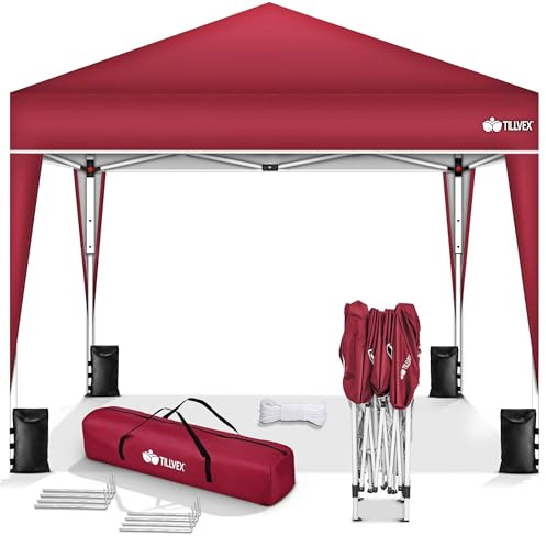 tillvex Pavillon 3x3m wasserdicht + 4er Set Sandsäcke | Pop-Up Faltpavillon stabil & höhenverstellbar | Gartenzelt UV Schutz 50+ | Partyzelt mit Tasche für Garten (Rot)