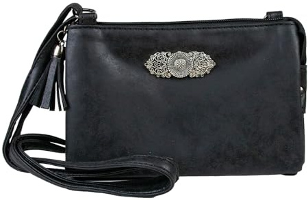 Trachtenland Damen Trachten Handtasche Sofia – Dirndl Umhängetasche aus Lederimitat mit Applikation & Troddel in Pastellfarben oder Schwarz (Schwarz, ca. 18 x 12 x 8 cm)