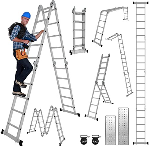 Joparri 4x5 Mehrzweckleiter 582cm 7 in 1 Alu Multifunktionsleiter bis 150 kg mit 2 Transport Rollen und 2 Plattform, Vielzweckleiter Klappleiter Arbeitsleiter Anlegeleiter Steigleiter