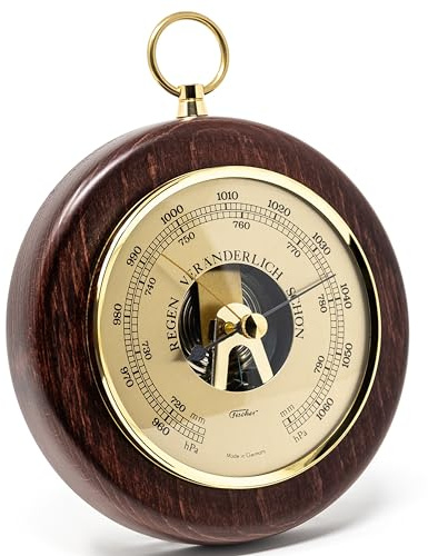 Fischer 1366R-22 Barometer, Messing | Druckmessgerät mit Gehäuse gebeizt mahagonifarben, 140mm Durchmesser, Made in Germany