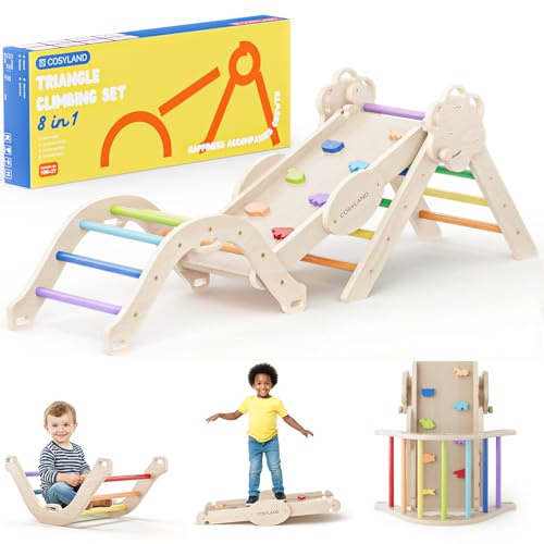 COSYLAND 8-in-1 Montessori Klettergerüst Holz ab 18 Monate – Kletterdreieck mit Rutsche & Kletterbogen, Natur – Indoor Spielplatz für Kleinkinder bis 3 Jahre