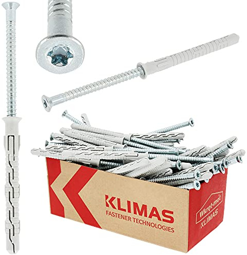 KLIMAS® Dübel Schrauben Set 50 Stück Rahmendübel Schlagdübel Ø 10mm x 100mm mit Senkkopfschrauben TX 40 FAST Nageldübel Schraubenset Betondübel Porenbeton Dübel Edelstahlschrauben | Beton Ziegeln uvm