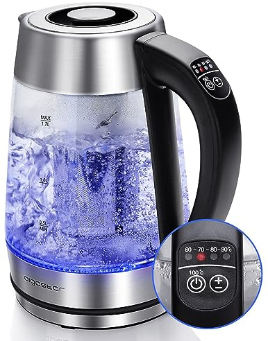 Aigostar Glas Wasserkocher mit Temperatureinstellung 1,7L, 2-in-1 Teekocher mit Edelstahl Teesieb, Temperaturwahl 60°-100°C Farbwechsel LED Beleuchtung, 120 Minuten Warmhaltefunktion, BPA-Frei