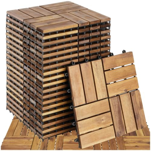 tectake® Holzfliesen, Holz Fliesen wetterfest, Bodenbelag für Wintergarten, Bodenfliesen, Balkonboden, Boden Trittsteine Garten, Terrassenfliesen mit Klicksystem, Drainage - 20er Set/12er Lamellen