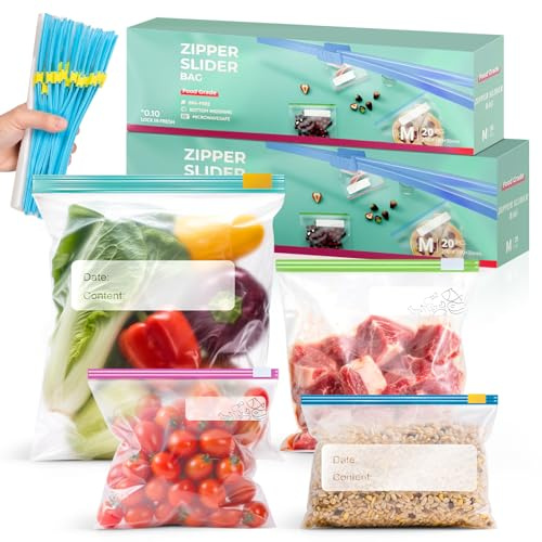 80 Stück Gefrierbeutel Wiederverwendbar, Frischhaltebeutel mit Zipper | Extra Groß, Großer Mittlerer, Kleiner Größen Gefrierbeutel, Lebensmittelbeutel Stehendes Boden, für Gemüse Snacks Fleisch