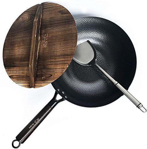 Souped Up Recipes 32cm/6L Bratpfanne Wokpfanne Pfannenset Pfanne Chinesische Pfanne aus Karbonstahl für Elektroherden Induktionsherd Gasherd (Deckel, Spatel und Benutzerführung sind enthalten)
