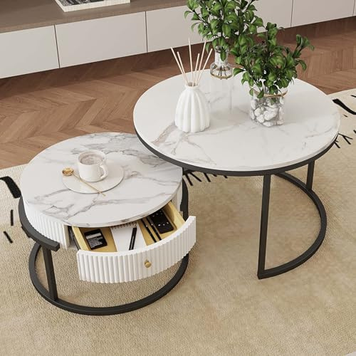 Amveya Couchtisch Rund mit Stauraum, Couchtisch 2er Set, Satztische fürs Wohnzimmer, Wohnzimmer Tisch in Marmoroptik