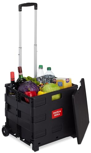 Relaxdays Einkaufstrolley klappbar, mit Teleskopgriff & Deckel, Transporttrolley, bis 35 kg, HBT 99x45x38 cm, schwarz