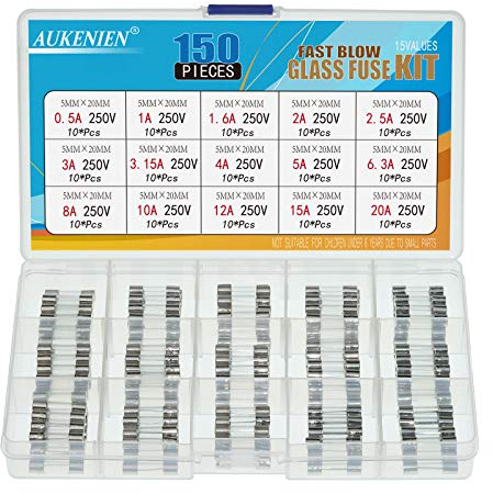 AUKENIEN 15 Wert 150 Stück 0,5A 1A 1,6A 2A 2,5A 3A 3,15A 4A 5A 6,3A 8A 10A 12A 15A 20A 250V Sicherungen 5x20mm Sicherung Glassicherung Glasrohrsicherung Feinsicherung Schnelle Glas Sicherung Kit