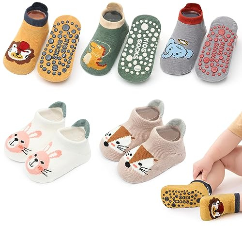 angelikashalala 5 Paar Baby Rutschfeste Socken Anti Rutsch Babysocken | gekämmte Baumwolle,Weiche und bequeme,Cartoon Tier motiv,für Baby Mädchen Jungen Kinder