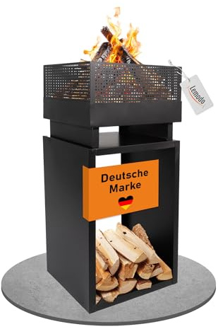 Lemodo Feuerkorb mit Holzlager – Feuerstelle aus robustem Stahl, modernes Design, ideal für Garten und Terrasse, Feuerschale mit integriertem Holzlager, Outdoor Feuerstelle für gemütliche Abende