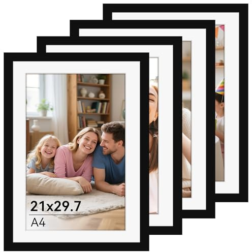 Zouway 4 Stück Bilderrahmen A4 Schwarz, Rahmen A4 mit Plexiglas, Bilderrahmen Din A4 für Fotos, Bilder, Poster