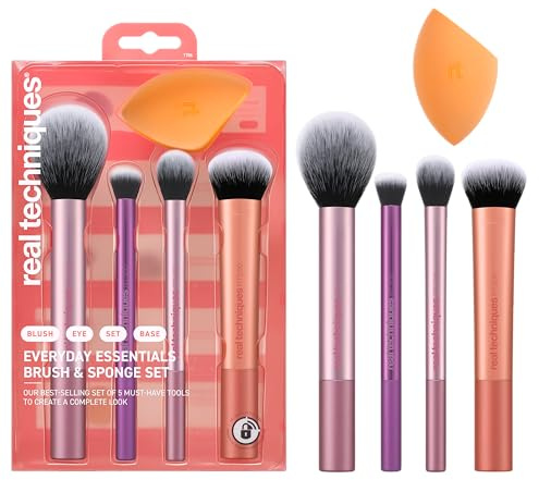 Real Techniques Everyday Essentials + Make-up-Schwamm-Set, Make-up-Pinsel und Make-up-Mixer-Schwamm, für Foundation, Rouge, Bronzer, Lidschatten und Puder, 5-teiliges Set