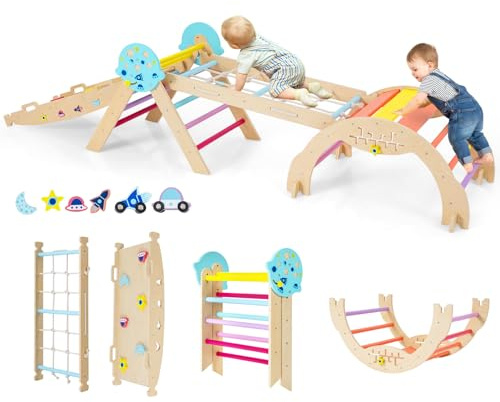 COSTWAY Klettergerüst Indoor 4er Set, Kletterdreieck Klappbar Universum | mit Kletterbogen, Netz, inkl. doppelseitige Rampe, Baustein Set & 2 Autos, Sprossendreieck Holz für Kinder
