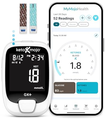 KETO-MOJO GKI Bluetooth-Glukose- & Keton-Testkit (mg/dL) + kostenlose App zur Ketose- & Diabetes-Überwachung – 20 Teststreifen (je 10), Messgerät, 20 Lanzetten, Stechhilfe & Kontrolllösungen