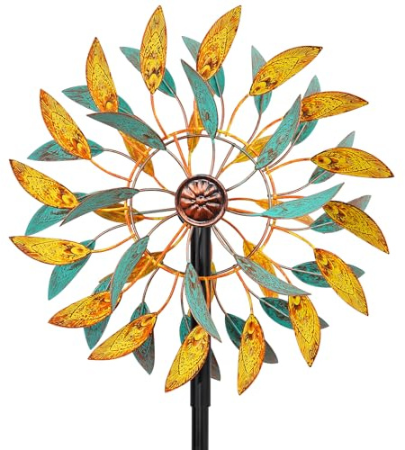 Metall Windrad Garten Dekoration, Windspiel für den Außenbereich, Windmühle für den draußen Windblätter für Außenterrassen Patio Rasen, Windskulpturen und Spinner(Gelb + Blau)