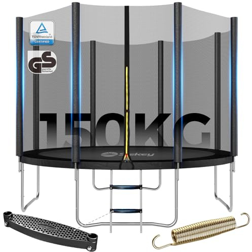 Sekey Trampolin Outdoor Ø 244/305/366 cm - TÜV Rheinland GS-Zertifiziert, Kindertrampolin Gartentrampolin mit Rutschfester Leiter, verstärktem Sicherheitsnetz und Randabdeckung 305CM 150KG, Schwarz