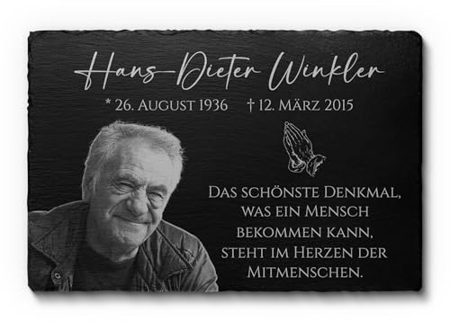 CHRISCK design Schiefer Grabplatte mit Gravur - Grabdeko wetterfest imprägniert für Urnengrab - Gedenktafel mit Foto & riesen Motiv Auswahl - Grabstein Gedenkstein Grab - 22x14 cm o. 30x20 cm