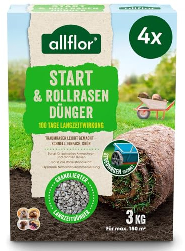 Allflor Start-Rasendünger 4 x 3 kg I Für die Neuaussaat & Rollrasen I Rasendünger streuwagenfähig in der Faltschachtel I Mit optimaler Nährstoffkombination für starke Wurzeln I Für ca. 600m²