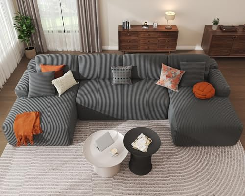 DURASPACE Cloud-Sektionalsofas für das Wohnzimmer, Modulares U-förmiges Sofa mit tiefer Sitzfläche, Schlafsofa aus Cord mit Memory-Schaum, Keine Montage Erforderlich (Grau)