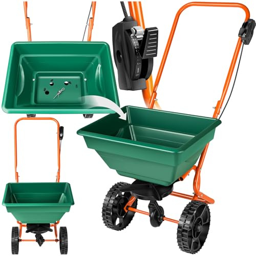 tectake® Streuwagen, Streugerät mit 25 Liter Fassungsvermögen, Wagen vielseitig einsetzbar, für Rasensamen als Düngerstreuer, Streusand Winter, auf Straße, Rasen und Garten leicht fahrbar