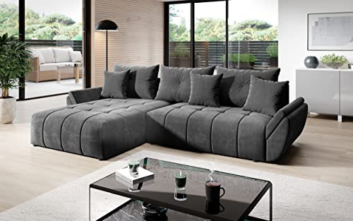 Vigo Velvet Monolith Ecksofa in L-Form 280 cm x 190 cm - Schlafsofa mit Bettkasten - Couch mit Stauraum und Kissen - Sofa mit Schlaffunktion - Ausziehbares Schlafsofa - Farbe: Grau (M-92)